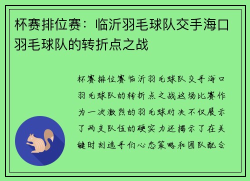 杯赛排位赛：临沂羽毛球队交手海口羽毛球队的转折点之战